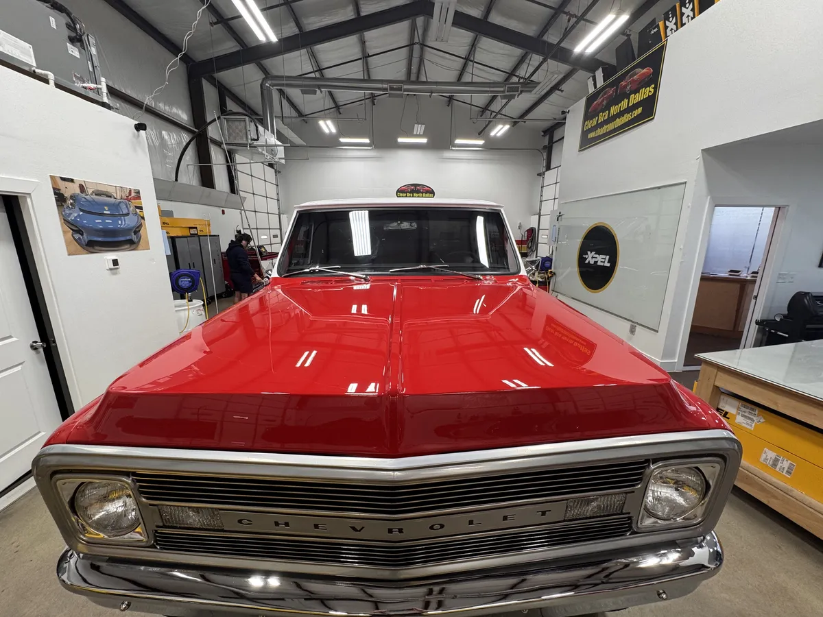 Classic Chevrolet C10 hood paint protection film detail at Clear Bra North Dallas