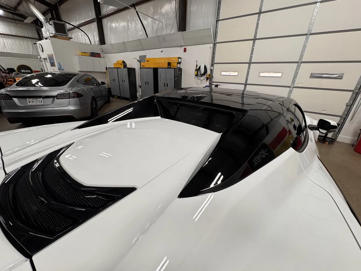 Corvette carbon fiber rear wing and painted surfaces protected with professional PPF in North Dallas