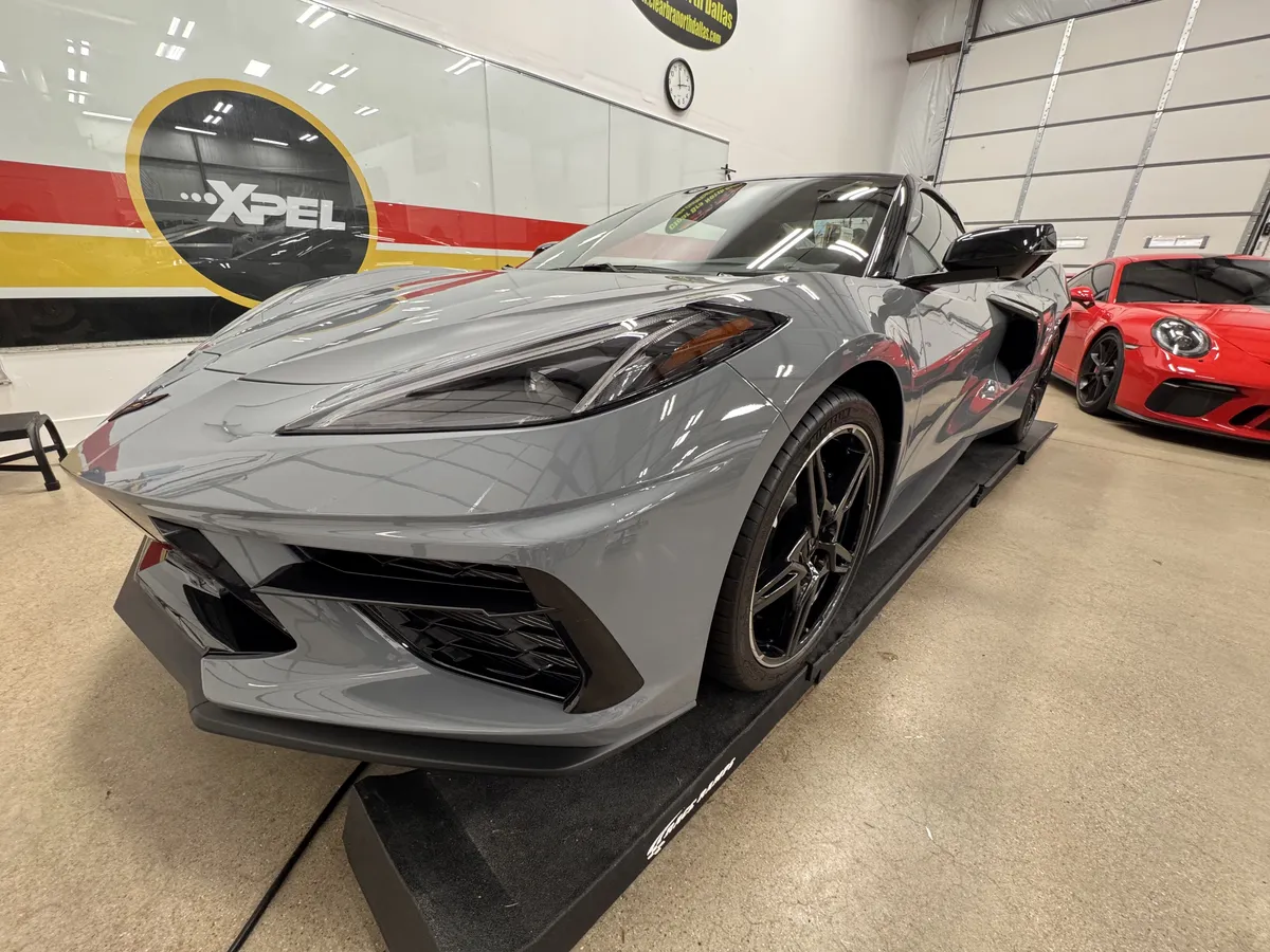 Gray Corvette protected with XPEL Ultimate Plus paint protection film at North Dallas installation center