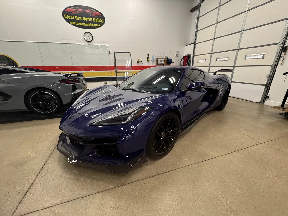 Navy blue Corvette with professional paint protection film installed by Clear Bra North Dallas