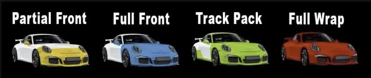 Porsche paint protection film coverage packages including partial front, full front, track pack, and complete vehicle wrap options