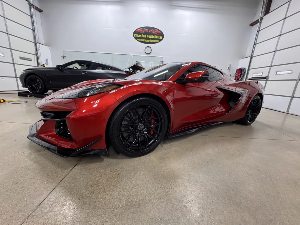 Red Corvette Z06 with complete front end paint protection film coverage in Argyle Texas