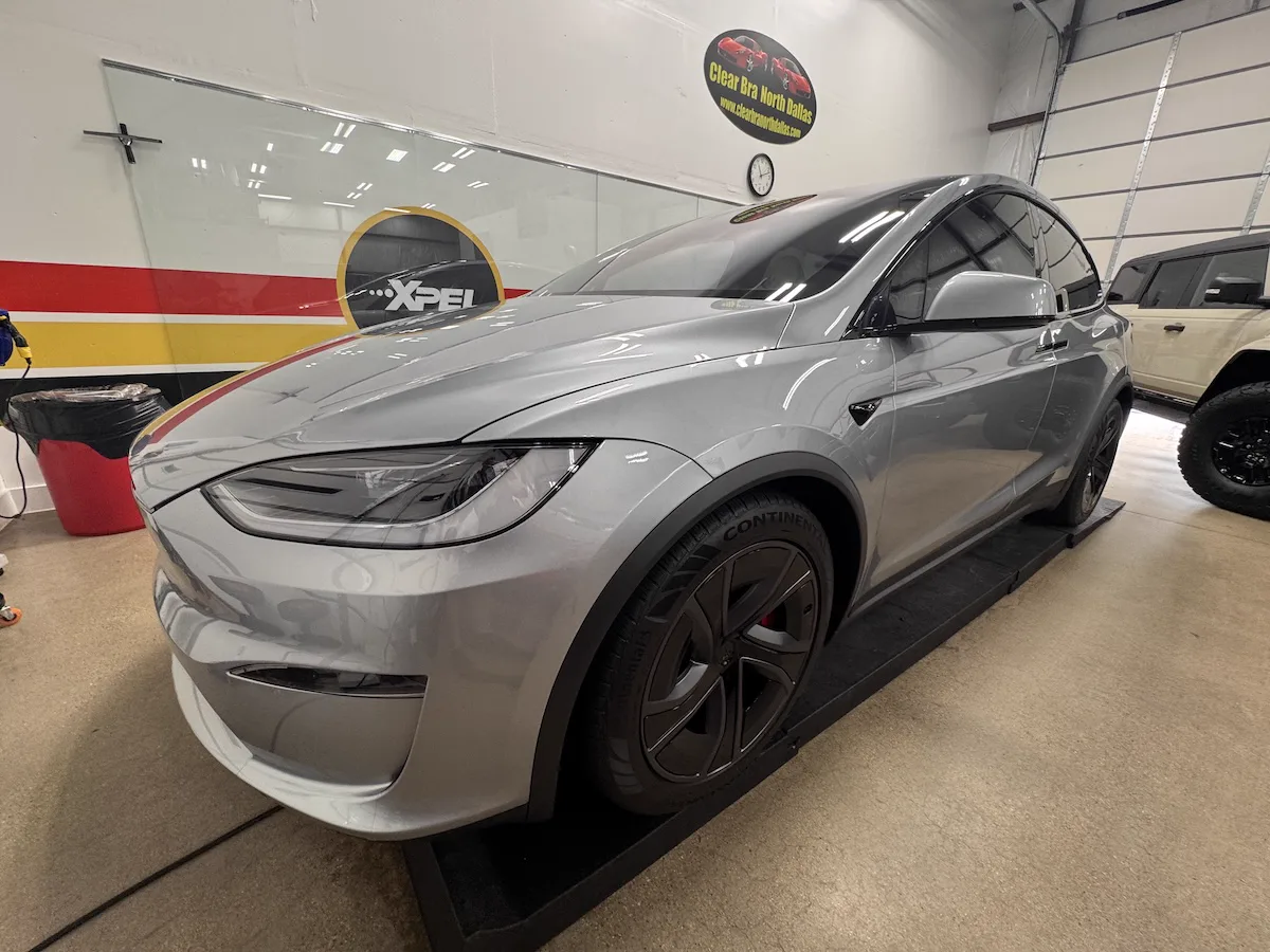 Tesla vehicle receiving full body protection film at Clear Bra North Dallas
